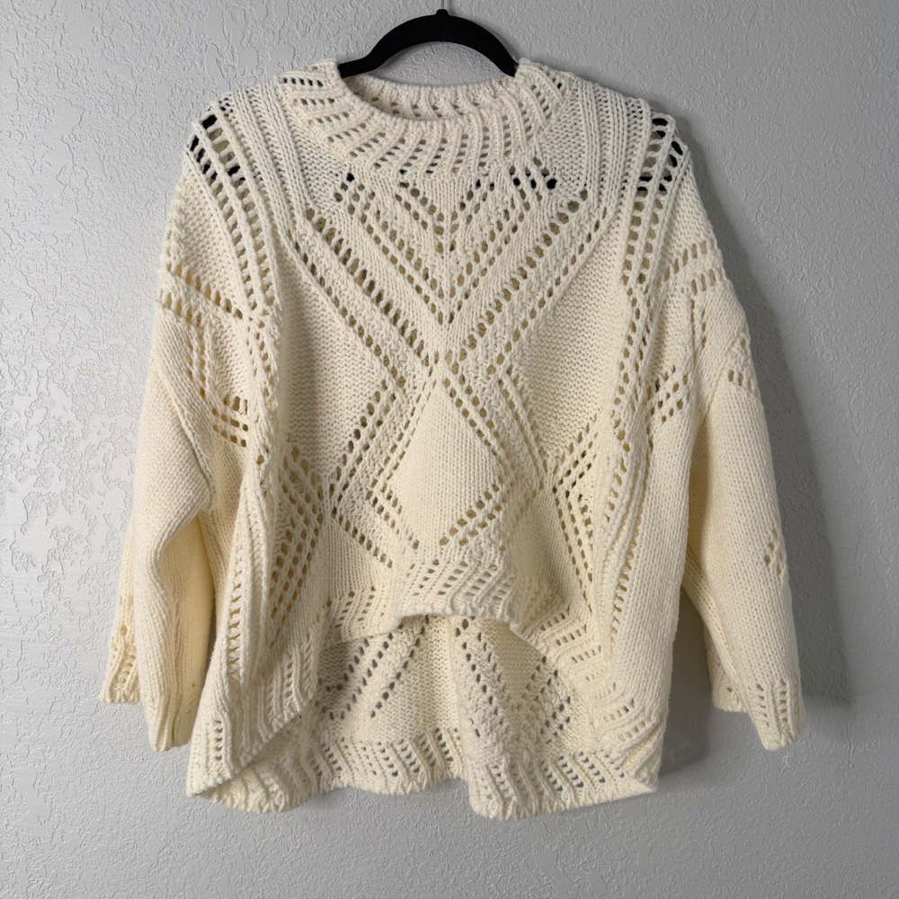 RAGA Women Cream Chunky Pointelle Knit Diamond‎ Oversized Sweater Small High Low